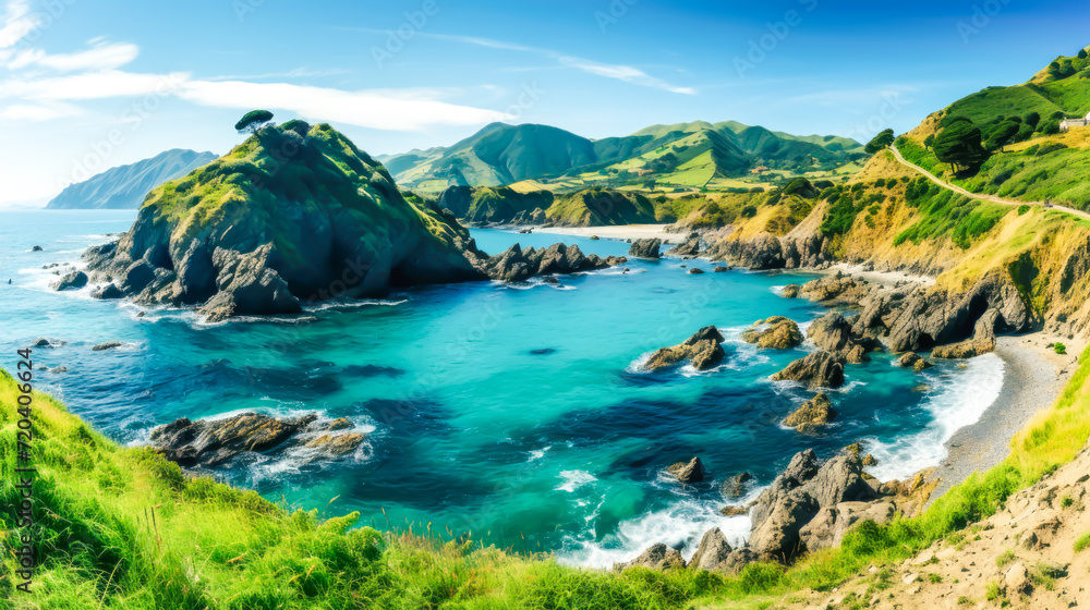 Panoramic vista of a sun-drenched coastline, with its turquoise waters and lush green hills, epitomizes the idyllic summer vacation spot, perfect for travel enthusiasts seeking a serene escape