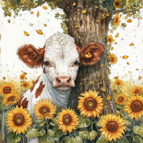 Whimsical Watercolor Calf Headbutting Tree among Sunflowers Generative AI photo