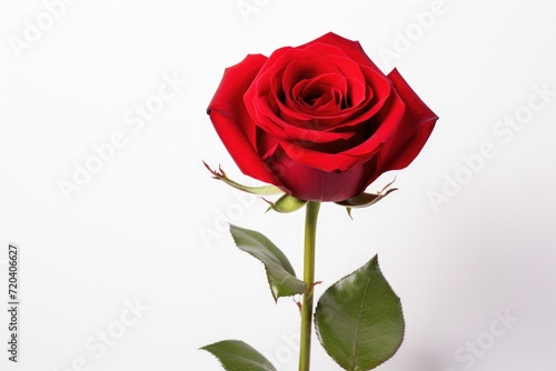 A stunning image of a single red rose set against a clean white background  capturing the timeless beauty of this classic flower  red rose isolated on the white background  AI Generated