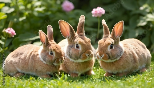 adorable bunnies grazing in sunny garden created with generative ai © Chaudhry