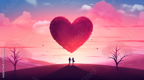 Valentine’s Day concept with a couple in love holding hands and a huge heart above them with the landscape in pink hues