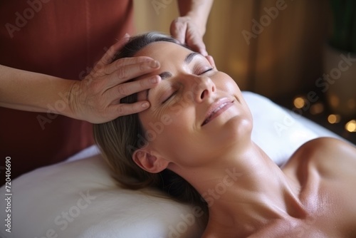 A woman enjoys a soothing facial massage at a spa, experiencing ultimate relaxation and rejuvenation, Relaxed middle aged woman enjoying acupressure head massage at luxury spa salon, AI Generated