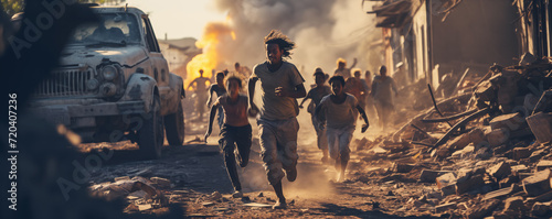 People running away from bombs attack. photo