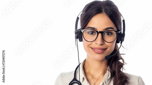 Portrait of happy smiling cheerful support phone operator in headset, isolated on white background