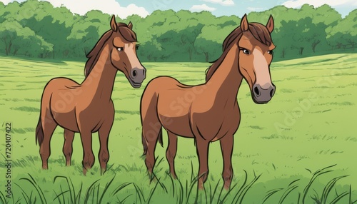 Two brown horses standing in a field