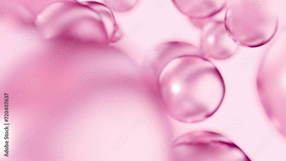 Essential cosmetic oil bubbles floating in water. Pink liquid sphere shaped, fluid flow background. Moisturizing hydrating collagen cream. Skin care serum beauty care vitamin concept 3d animation Essential cosmetic oil bubbles floating in water. Pink liquid sphere shaped, fluid flow background. Moisturizing hydrating collagen cream. Skin care serum beauty care vitamin concept 3d animation