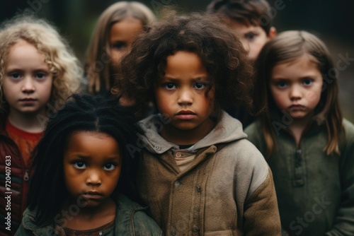 A diverse group of smiling children of different ages standing in a row, forming a united front, Sad serious Multiethnic poor little children looking at the camera, AI Generated