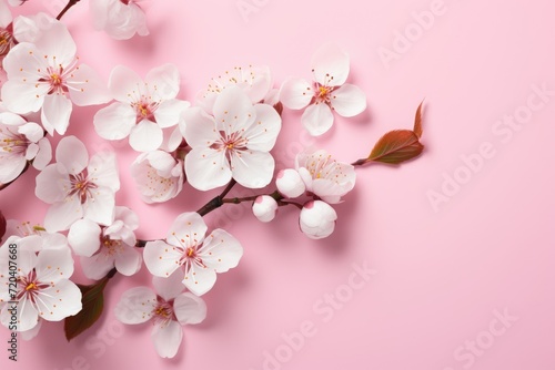 Cherry blossom flowers on pink background Banner with flowers on light pink background. Greeting card template for Weddings  mothers or Women s day. Ai generated
