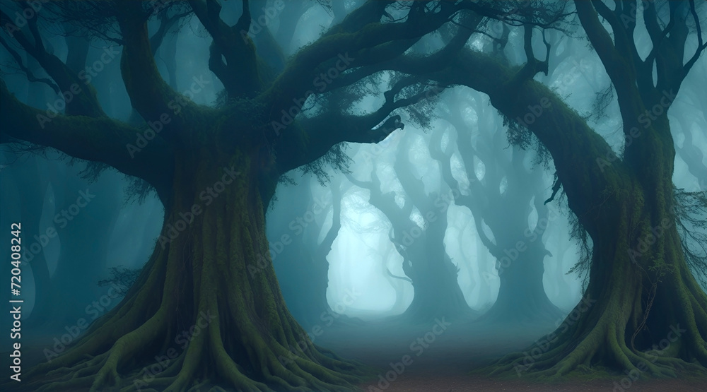 A mysterious forest shrouded in mist where ancient trees with gnarled ...