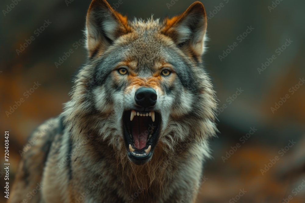 A close-up of a wolf's jaws gaping in its face. Generative Ai.