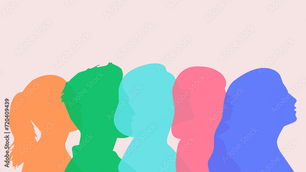 Diversity inclusion equality concept - racial equality, multi ethical, diversity people, woman manpower, empowerment - Group diversity silhouette multiethnic people from the side. Flat vector illusion
