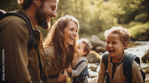 A family laughing and happy hiking next to a creek photo