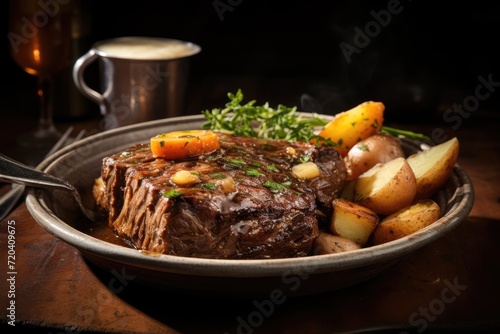 A satisfying meal consisting of steak, potatoes, and carrots paired with a warm cup of coffee, serving pot roast with melted butter, AI Generated
