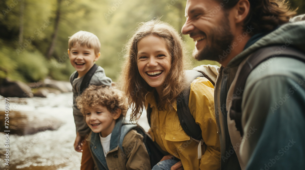 A family laughing and happy hiking next to a creek A family laughing and happy hiking next to a creek