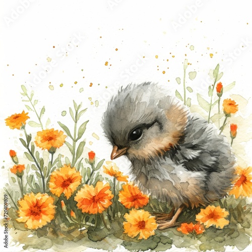 Whimsical Watercolor Chick Pecking at Seeds amid Marigolds Generative AI © Alex