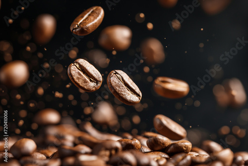 Floating Roasted Coffee Beans on Black Background