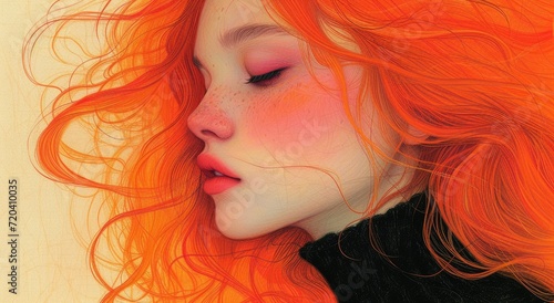 girl with a red hair line illustration, in the style of soft, romantic scenes, dark pink and light orange, duy huynh, multiple perspectives, uhd image, rounded forms, beautiful women 