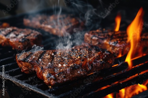 A close-up of steaks being cooked over a barbecue. Generative Ai.