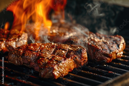 A close-up of steaks being cooked over a barbecue. Generative Ai.