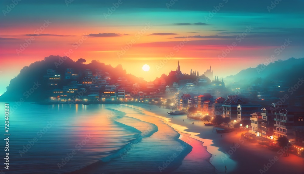 Gradient color background image with a dreamy coastal town at sunset theme