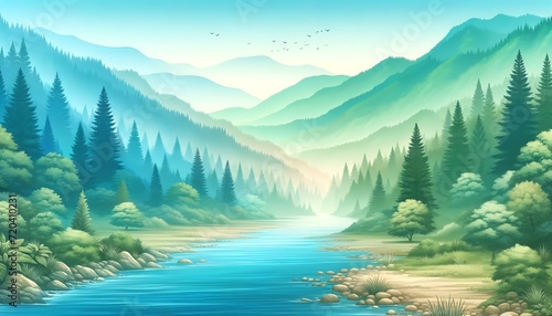 Gradient color background image with a peaceful mountain river theme © Hans