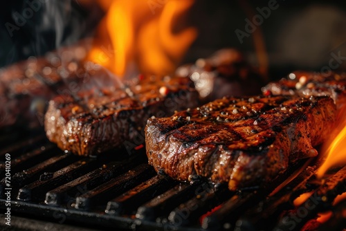 A close-up of steaks being cooked over a barbecue. Generative Ai.