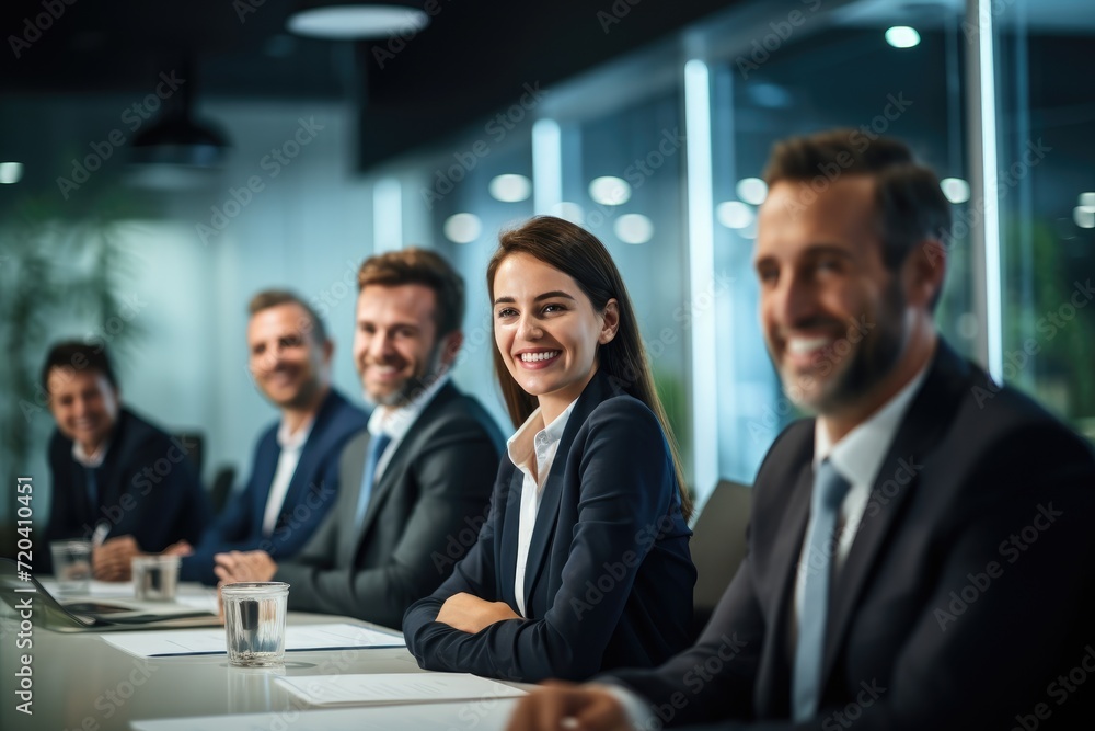 A diverse group of professionals engaged in a meeting and discussing business matters at a table, Smiling business people in conference room meeting, AI Generated A diverse group of professionals engaged in a meeting and discussing business matters at a table, Smiling business people in conference room meeting, AI Generated