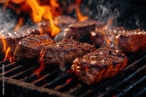 A close-up of steaks being cooked over a barbecue. Generative Ai.