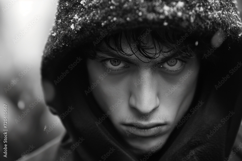 Intense Gaze of a Man in the Rain Intense Gaze of a Man in the Rain