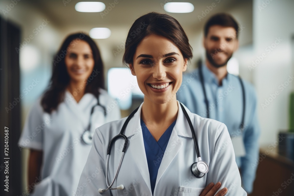 Group of Doctors Standing in Hallway, Healthcare Professionals Talking and Collaborating, smiling female doctor standing with medical colleagues in a hospital, AI Generated Group of Doctors Standing in Hallway, Healthcare Professionals Talking and Collaborating, smiling female doctor standing with medical colleagues in a hospital, AI Generated
