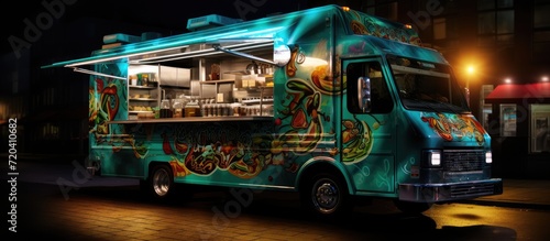 Street Food truck at Night in urban area. Food Trucks sell food and Drinks photo
