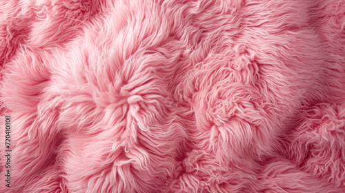 Top view of pink fur texture. Pink sheepskin background. Fur pattern. Texture of pink shaggy fur. Wool texture. © Evgeniia