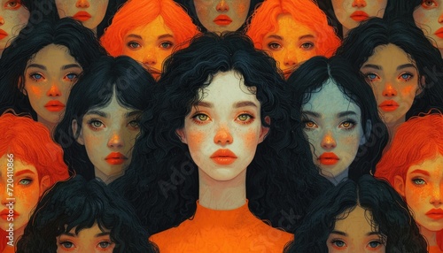illustrations of many women's faces, in the style of bold colorism, light orange and dark black, diverse color palette, lively tableaus, feminist, atey ghailan, free brushwork  photo