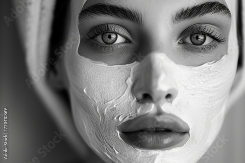 Serene black & white facial skincare: organic beauty, rejuvenation, and wellness in a captivating monochrome snapshot of timeless self-care, purity ofa clear, healthy complexion.
