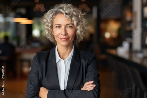 A confident woman standing with her arms crossed, projecting self-assurance and a commanding presence, Smiling mature middle aged professional business woman banking loan manager, AI Generated