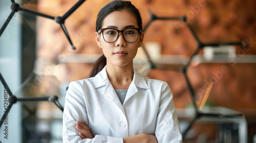 Young successful female employee of a scientific laboratory in a white coat and glasses standing against the background of a diagram of chemical compounds and a red brick wall.