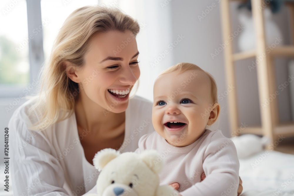 A woman smiles joyfully while cradling a baby in her arms and holding a soft teddy bear, Smiling mother playing with baby in nursery, AI Generated A woman smiles joyfully while cradling a baby in her arms and holding a soft teddy bear, Smiling mother playing with baby in nursery, AI Generated