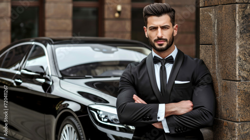 A bodyguard driver in a suit and tie is waiting for the protected person against the backdrop of an expensive armored car, luxurious service, and duties. © Evgeniia