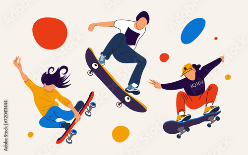 Set of modern skaters jumping with skateboards. Teenagers ride a longboard, jump and perform tricks.  Street activity for teenagers on longboards. Cartoon flat vector collection isolated on white back