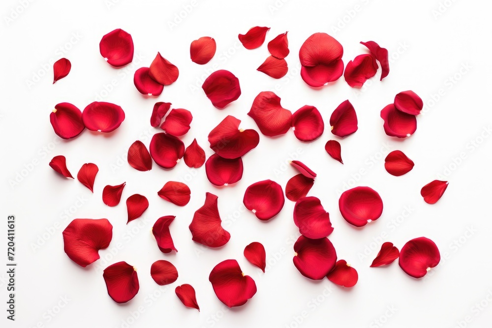 A close-up photo showcasing a collection of vibrant red petals spread beautifully on a clean white surface, Sparsed red rose petals on white background, AI Generated A close-up photo showcasing a collection of vibrant red petals spread beautifully on a clean white surface, Sparsed red rose petals on white background, AI Generated