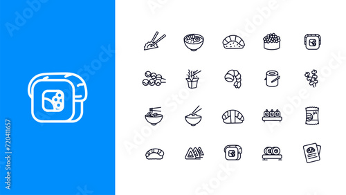Korean food icons with an editable stroke.  Set of sushi and rolls icons