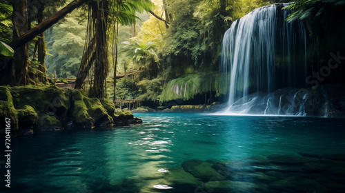 a waterfall cascading into a turquoise pool surrounded by lush greenery.