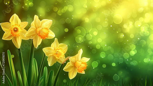 daffodils in sunshine ,flowers in green spring meadow on blurred bokeh background
