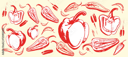 Vector isolated set of red Bulgarian sweet and bitter pepper. Red pepper. Hand drawing. Vegetable engraved style object, full, half and slices. Isolated bell pepper.