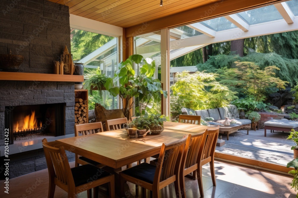 This photo captures a cozy and inviting dining room with a table, chairs, and fireplace, Sunny dining space with fireplace and outdoor deck access, AI Generated