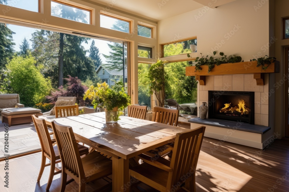 A warm dining room with a table, chairs, and a cozy fire place, perfect for hosting gatherings, Sunny dining space with fireplace and outdoor deck access, AI Generated