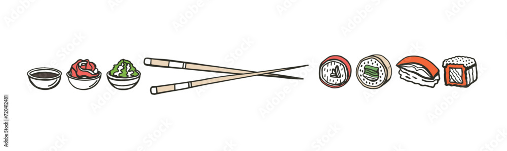 Isolated vector set of Japanese sushi set in hand drawn doodle style on a yellow background. Wasabi, ginger, soy sauce and sushi sticks. Asian food for restaurants menu. Isolated vector set of Japanese sushi set in hand drawn doodle style on a yellow background. Wasabi, ginger, soy sauce and sushi sticks. Asian food for restaurants menu.
