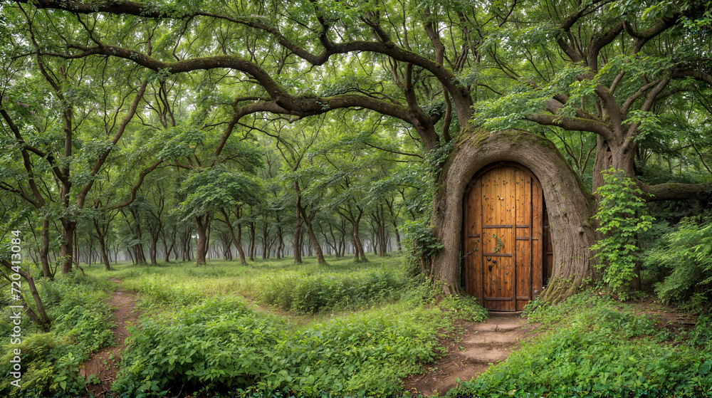 Enchanted Forest Pathway to a Mystical Tree Door