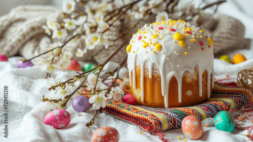 Traditional ukrainian easter cake with white swiss meringue. Person decorates cake with hand. Free copy space. photo