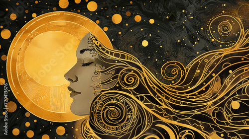Hand drawn antique, style sun with face of the greek and roman god illustration.